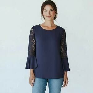 Reborn Women's Navy Lace Bell Sleeve Blouse Dressy Top Size Large